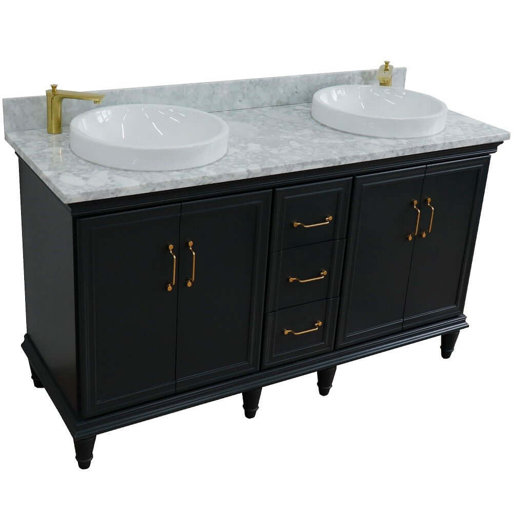 61" Double sink vanity in Dark Gray finish and White Carrara marble and round sink - 400800-61D-DG-WMRD