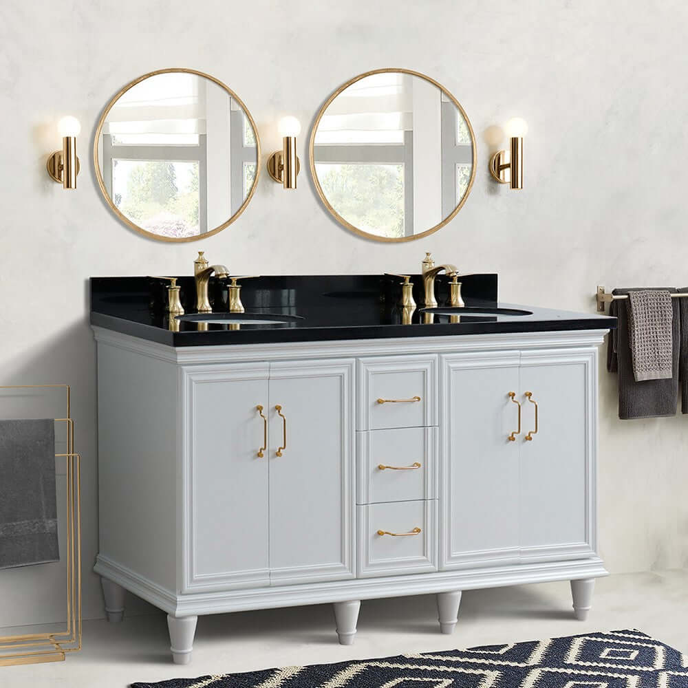 61" Double sink vanity in White finish and Black galaxy granite and oval sink - 400800-61D-WH-BGO