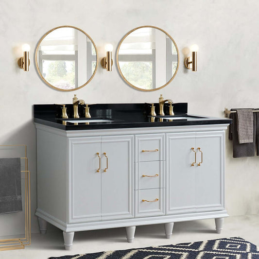 61" Double sink vanity in White finish and Black galaxy granite and rectangle sink - 400800-61D-WH-BGR