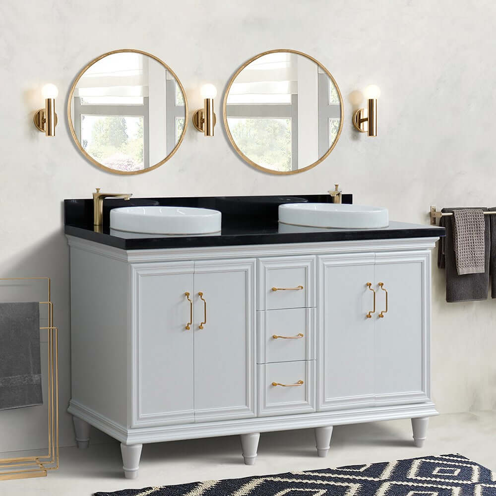 61" Double sink vanity in White finish and Black galaxy granite and round sink - 400800-61D-WH-BGRD