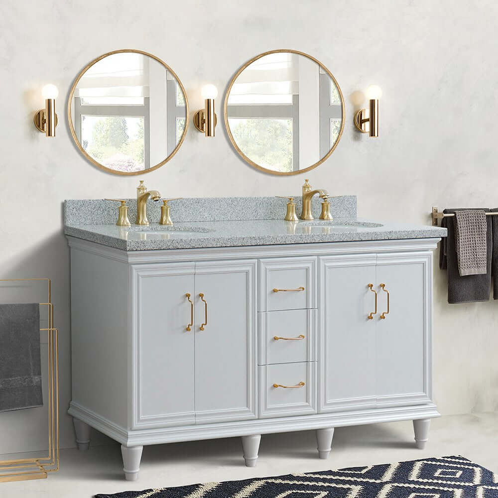 61" Double sink vanity in White finish and Gray granite and oval sink - 400800-61D-WH-GYO