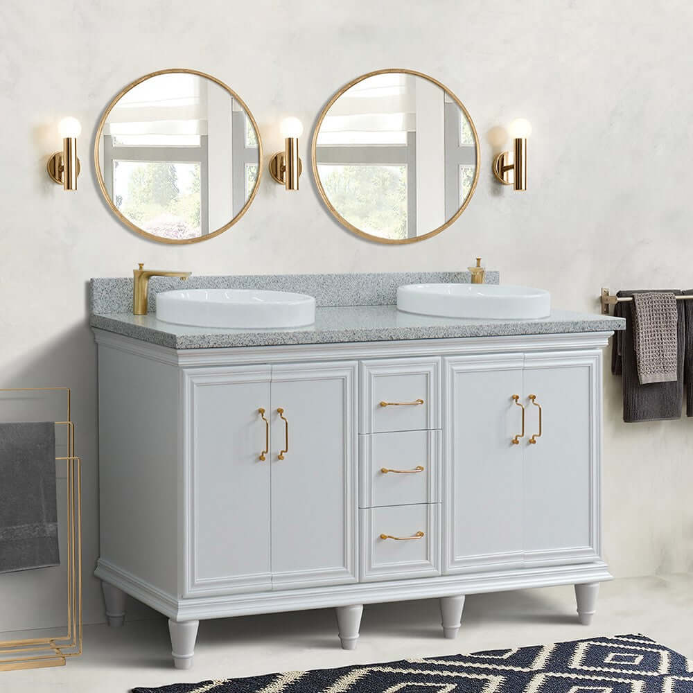 61" Double sink vanity in White finish and Gray granite and round sink - 400800-61D-WH-GYRD