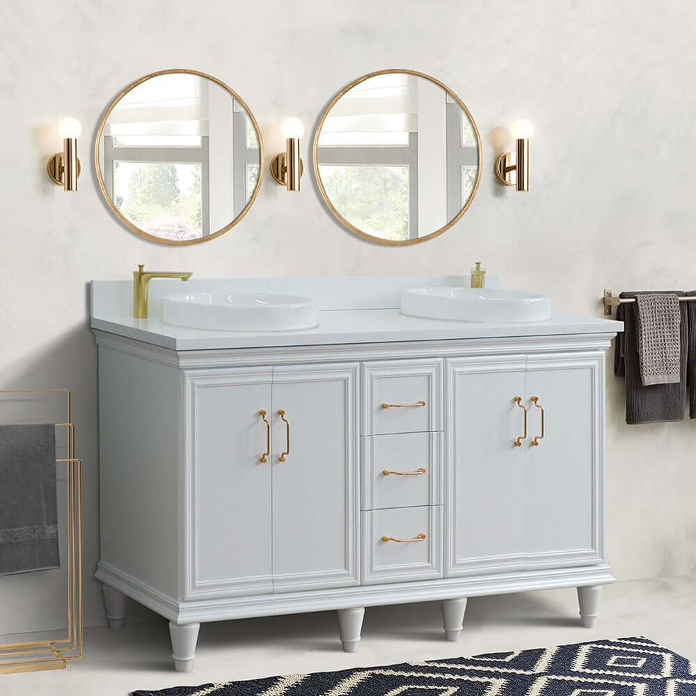 61" Double sink vanity in White finish and White quartz and round sink - 400800-61D-WH-WERD