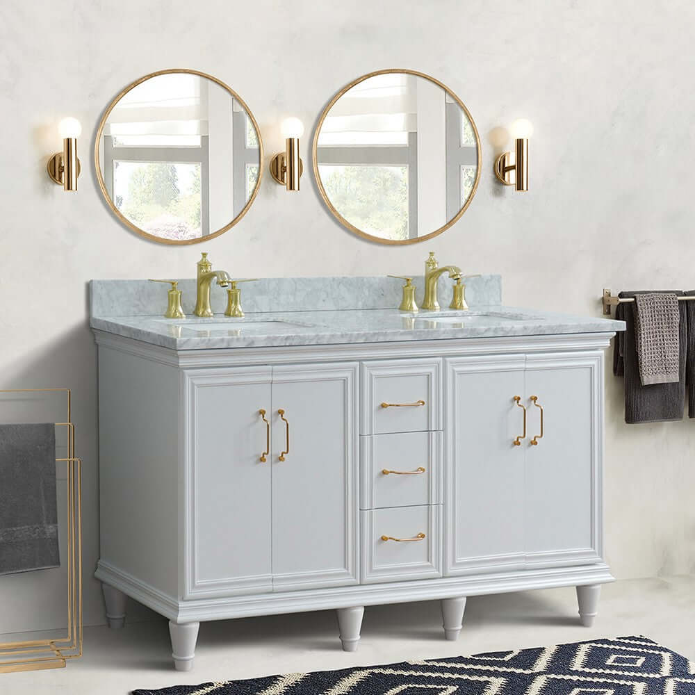 61" Double sink vanity in White finish and White Carrara marble and rectangle sink - 400800-61D-WH-WMR