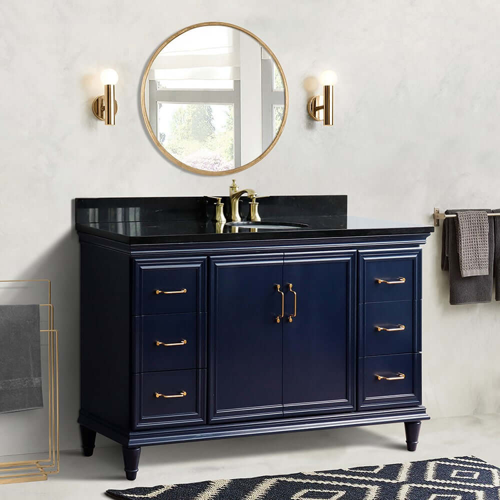 61" Single sink vanity in Blue finish and Black galaxy granite and oval sink - 400800-61S-BU-BGO