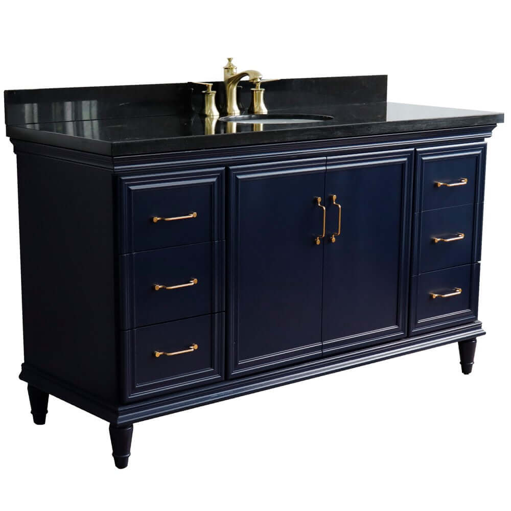 61" Single sink vanity in Blue finish and Black galaxy granite and oval sink - 400800-61S-BU-BGO