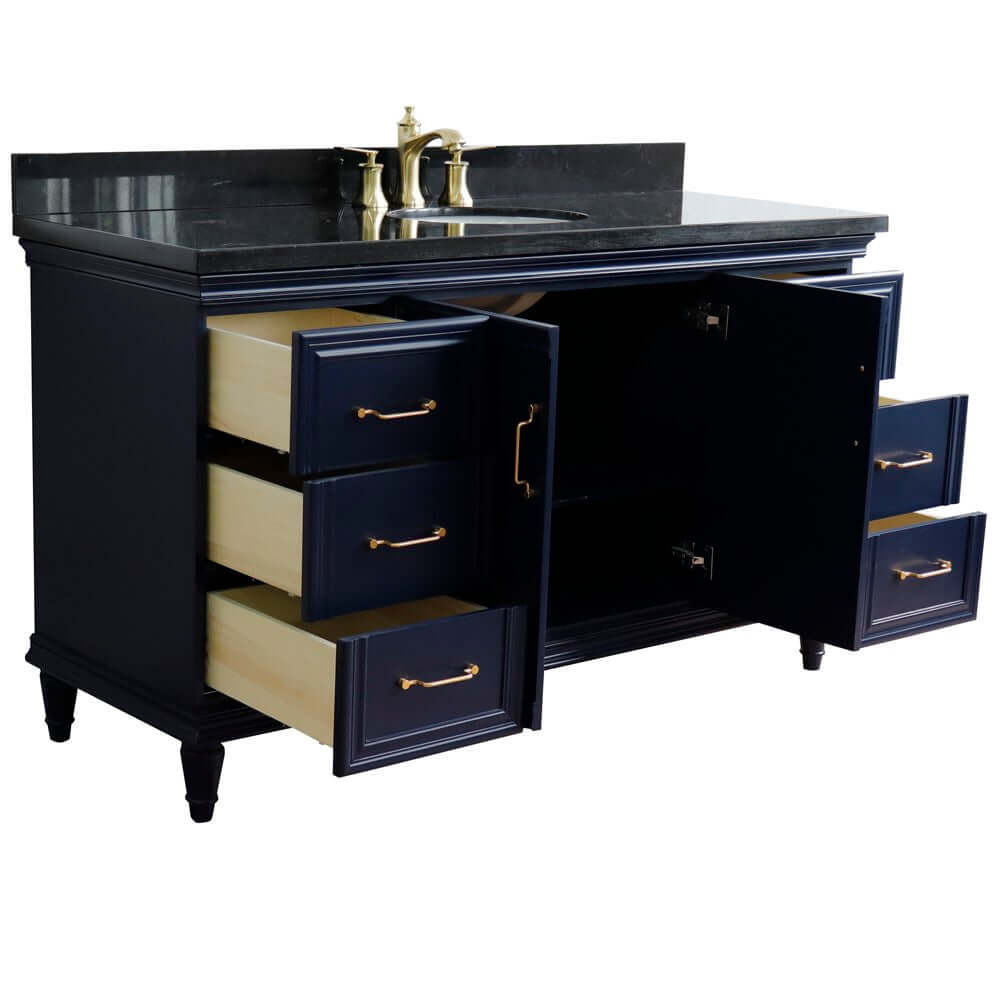 61" Single sink vanity in Blue finish and Black galaxy granite and oval sink - 400800-61S-BU-BGO