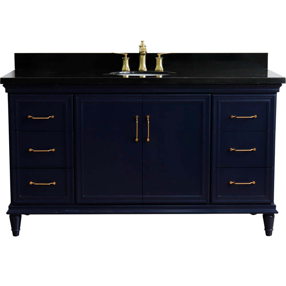 61" Single sink vanity in Blue finish and Black galaxy granite and oval sink - 400800-61S-BU-BGO