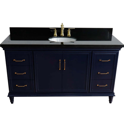 61" Single sink vanity in Blue finish and Black galaxy granite and oval sink - 400800-61S-BU-BGO