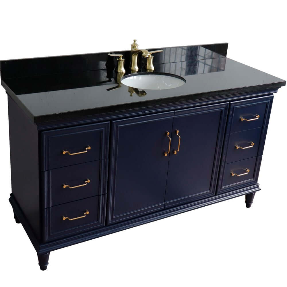 61" Single sink vanity in Blue finish and Black galaxy granite and oval sink - 400800-61S-BU-BGO