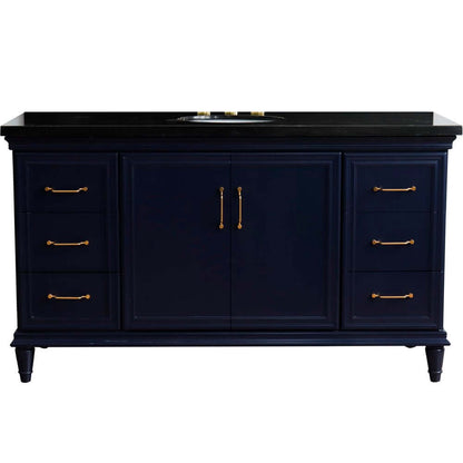 61" Single sink vanity in Blue finish and Black galaxy granite and oval sink - 400800-61S-BU-BGO