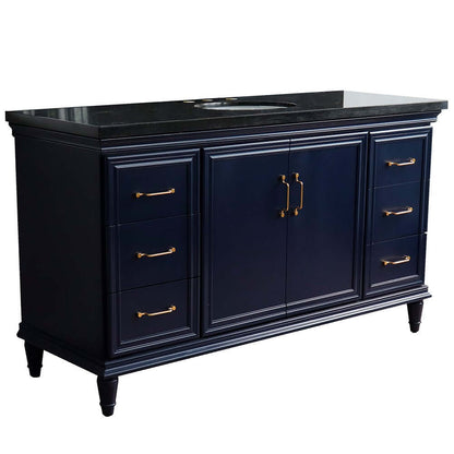 61" Single sink vanity in Blue finish and Black galaxy granite and oval sink - 400800-61S-BU-BGO