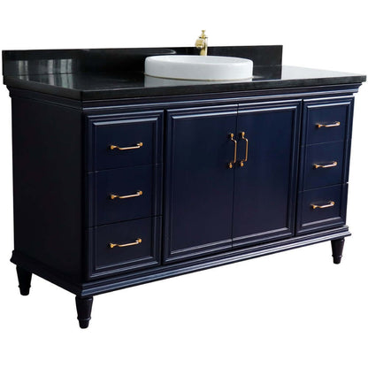 61" Single sink vanity in Blue finish and Black galaxy granite and round sink - 400800-61S-BU-BGRD