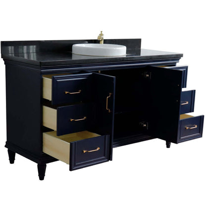 61" Single sink vanity in Blue finish and Black galaxy granite and round sink - 400800-61S-BU-BGRD