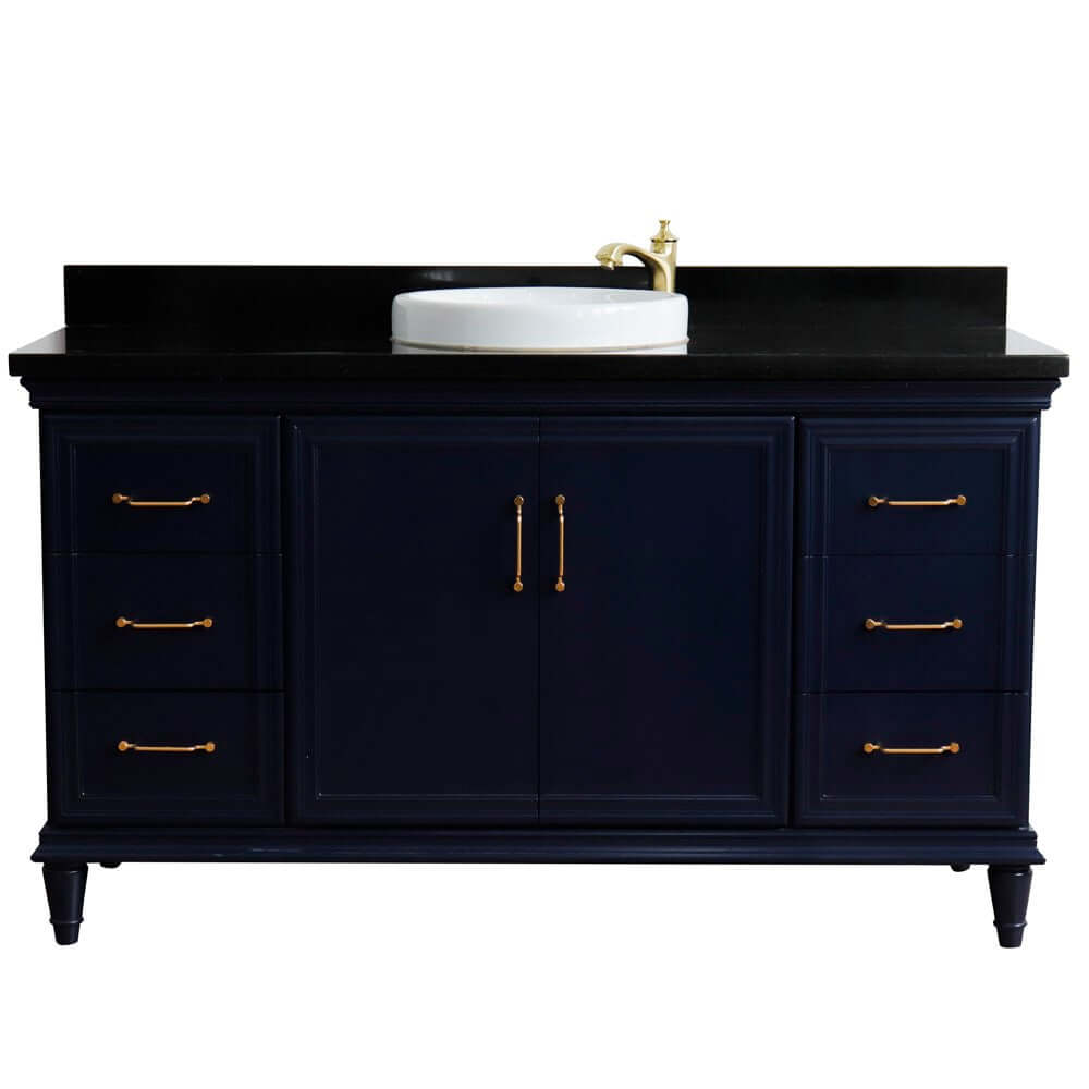 61" Single sink vanity in Blue finish and Black galaxy granite and round sink - 400800-61S-BU-BGRD