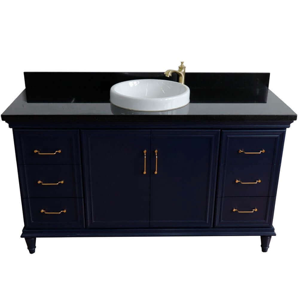 61" Single sink vanity in Blue finish and Black galaxy granite and round sink - 400800-61S-BU-BGRD