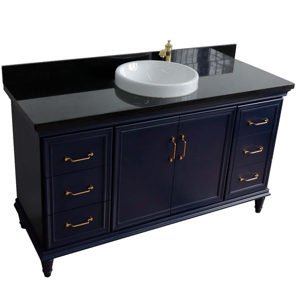 61" Single sink vanity in Blue finish and Black galaxy granite and round sink - 400800-61S-BU-BGRD