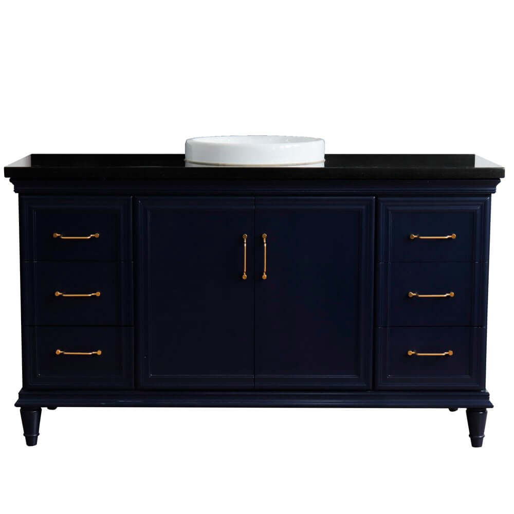 61" Single sink vanity in Blue finish and Black galaxy granite and round sink - 400800-61S-BU-BGRD