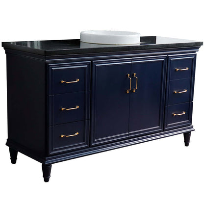 61" Single sink vanity in Blue finish and Black galaxy granite and round sink - 400800-61S-BU-BGRD