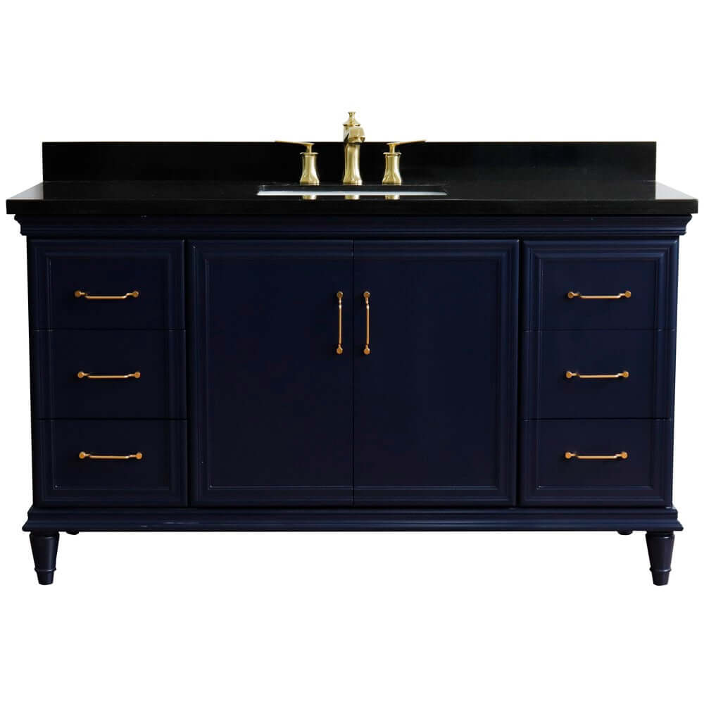 61" Single sink vanity in Blue finish and Black galaxy granite and rectangle sink - 400800-61S-BU-BGR