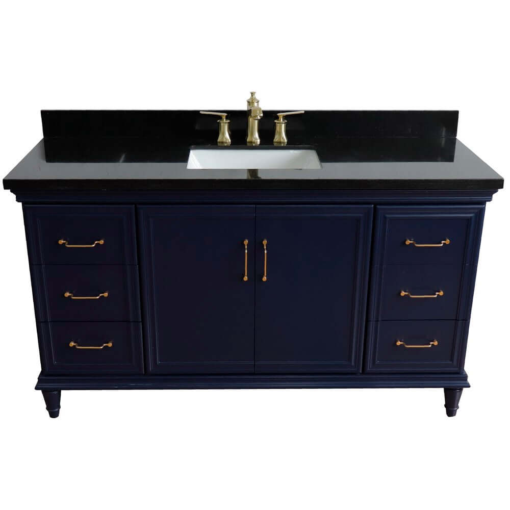 61" Single sink vanity in Blue finish and Black galaxy granite and rectangle sink - 400800-61S-BU-BGR