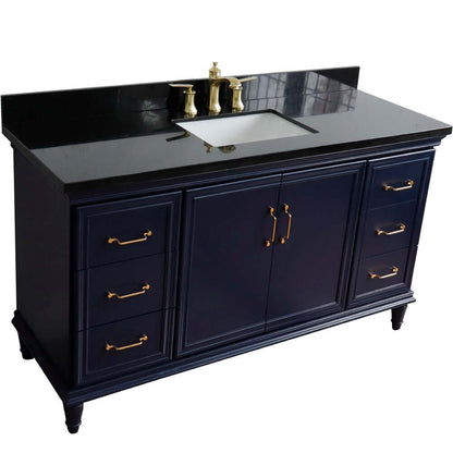 61" Single sink vanity in Blue finish and Black galaxy granite and rectangle sink - 400800-61S-BU-BGR