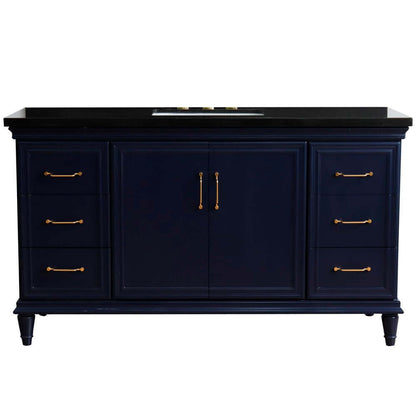 61" Single sink vanity in Blue finish and Black galaxy granite and rectangle sink - 400800-61S-BU-BGR