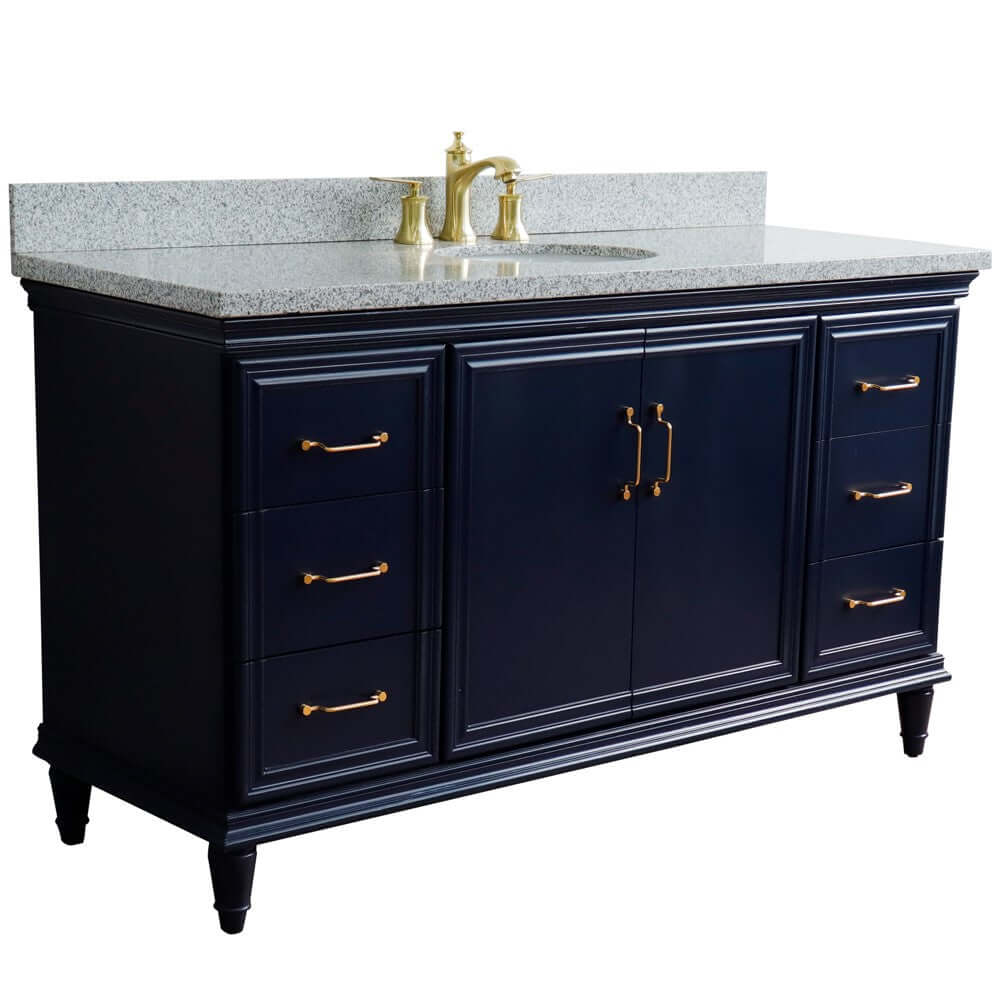 61" Single sink vanity in Blue finish and Gray granite and oval sink - 400800-61S-BU-GYO