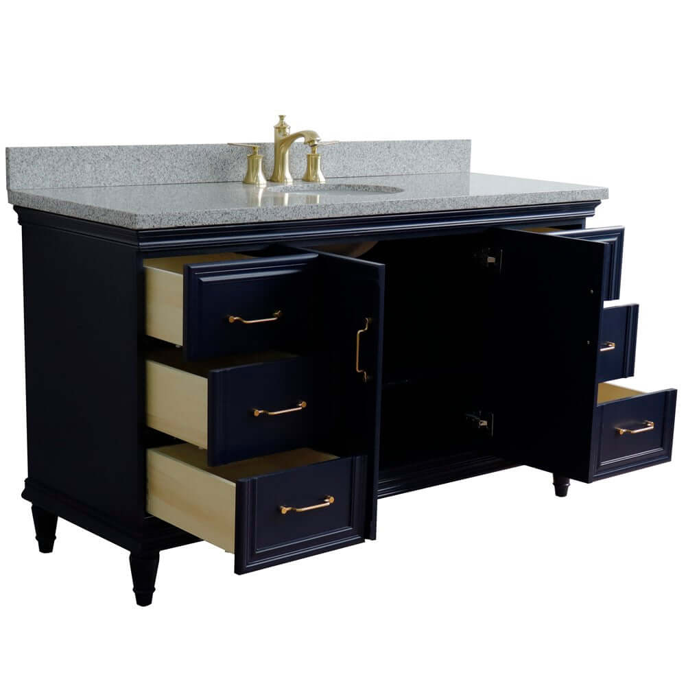 61" Single sink vanity in Blue finish and Gray granite and oval sink - 400800-61S-BU-GYO