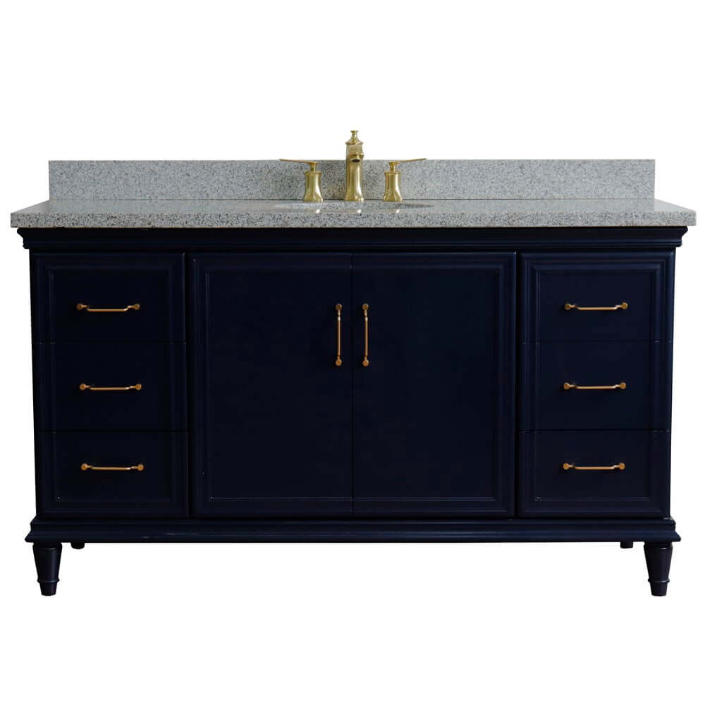 61" Single sink vanity in Blue finish and Gray granite and oval sink - 400800-61S-BU-GYO