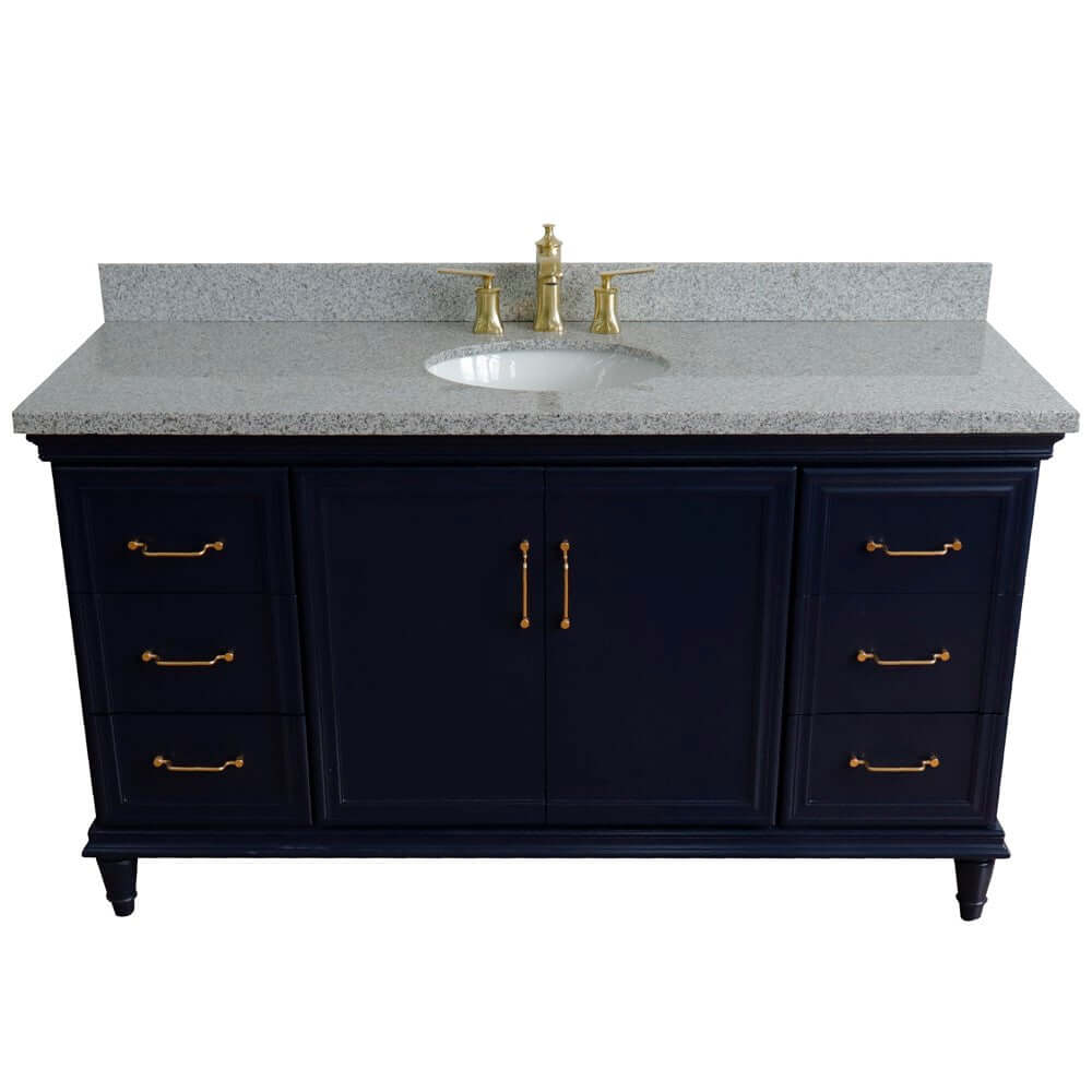 61" Single sink vanity in Blue finish and Gray granite and oval sink - 400800-61S-BU-GYO