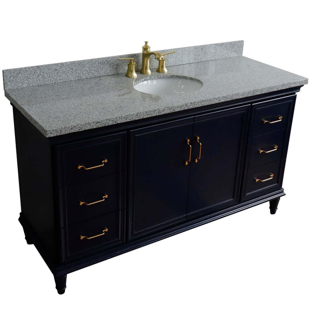 61" Single sink vanity in Blue finish and Gray granite and oval sink - 400800-61S-BU-GYO