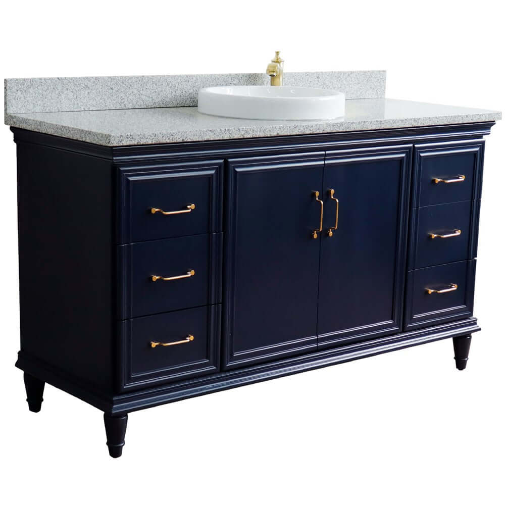 61" Single sink vanity in Blue finish and Gray granite and round sink - 400800-61S-BU-GYRD