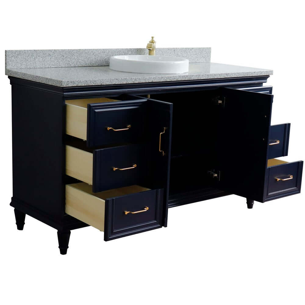 61" Single sink vanity in Blue finish and Gray granite and round sink - 400800-61S-BU-GYRD