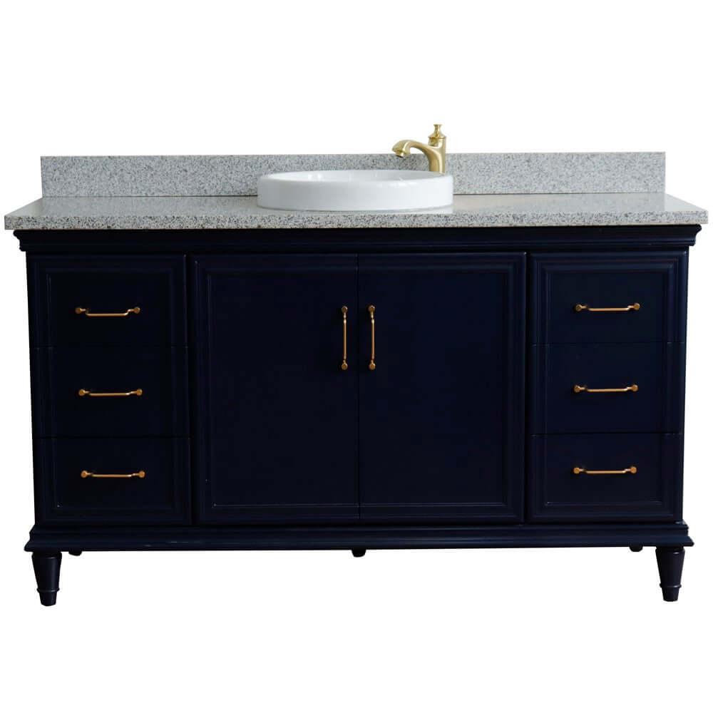 61" Single sink vanity in Blue finish and Gray granite and round sink - 400800-61S-BU-GYRD