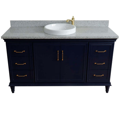 61" Single sink vanity in Blue finish and Gray granite and round sink - 400800-61S-BU-GYRD