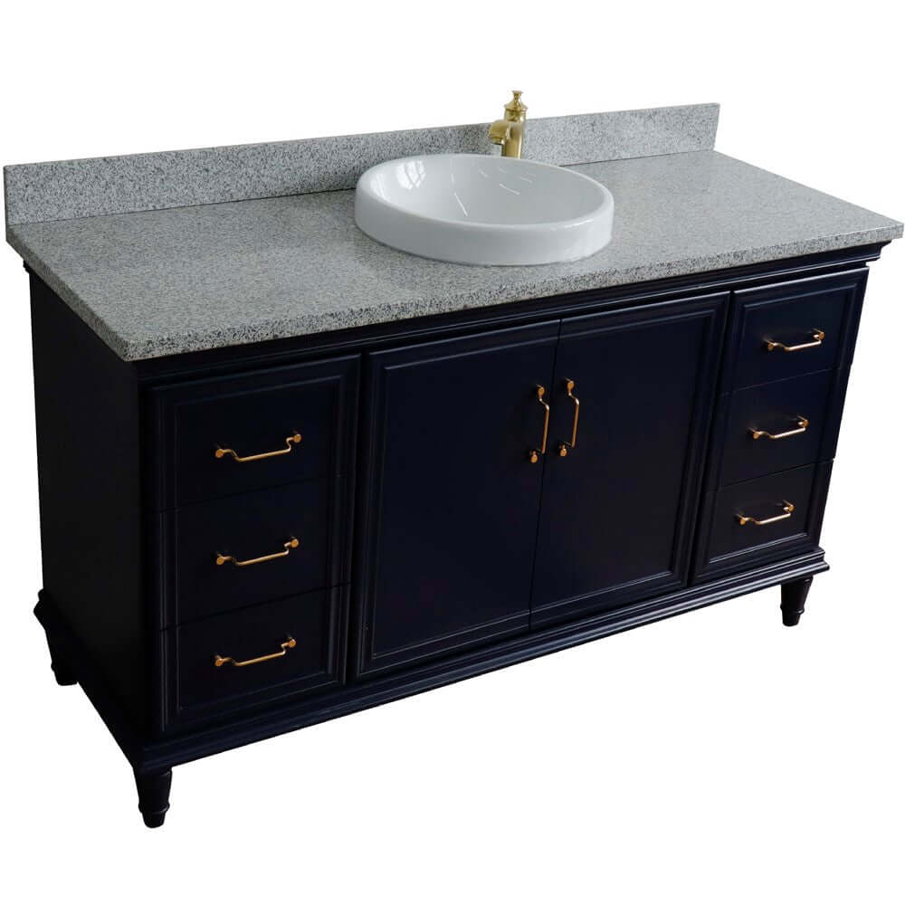 61" Single sink vanity in Blue finish and Gray granite and round sink - 400800-61S-BU-GYRD