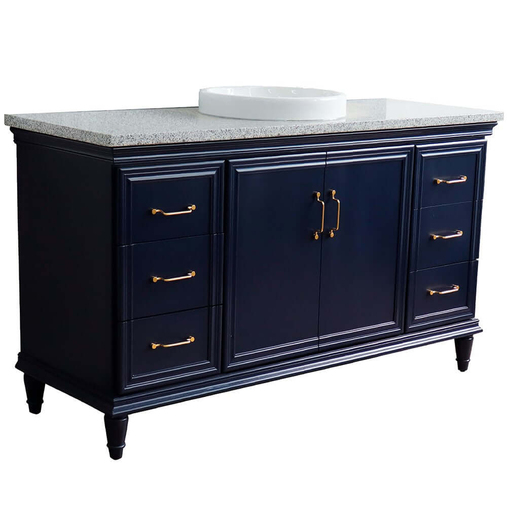 61" Single sink vanity in Blue finish and Gray granite and round sink - 400800-61S-BU-GYRD