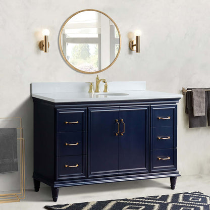 61" Single sink vanity in Blue finish and White quartz and oval sink - 400800-61S-BU-WEO