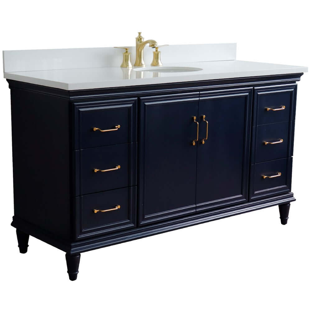 61" Single sink vanity in Blue finish and White quartz and oval sink - 400800-61S-BU-WEO