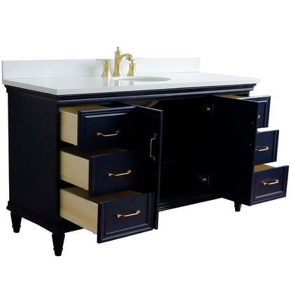 61" Single sink vanity in Blue finish and White quartz and oval sink - 400800-61S-BU-WEO