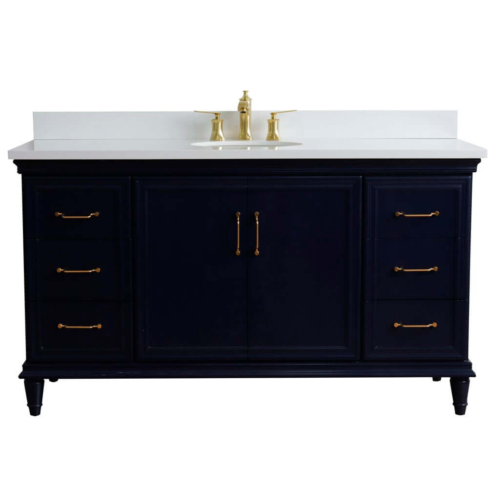 61" Single sink vanity in Blue finish and White quartz and oval sink - 400800-61S-BU-WEO