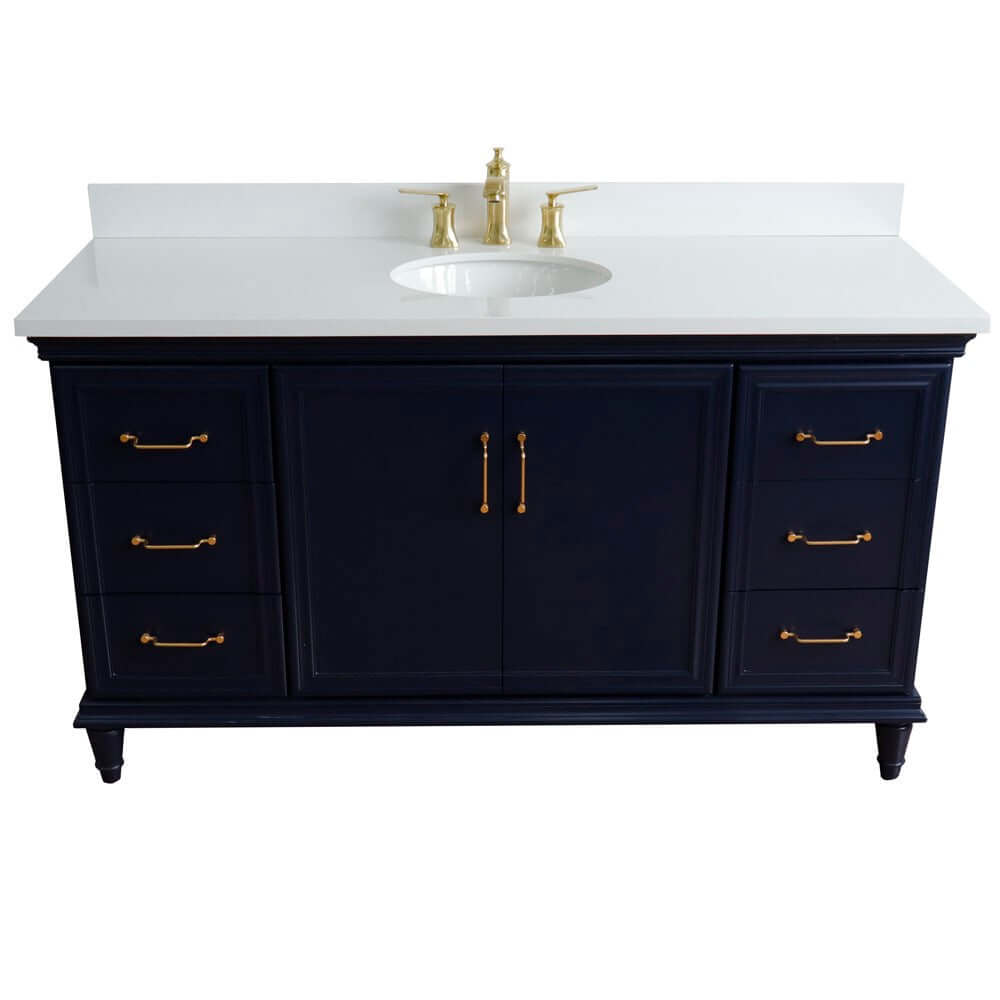 61" Single sink vanity in Blue finish and White quartz and oval sink - 400800-61S-BU-WEO