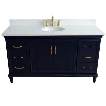 61" Single sink vanity in Blue finish and White quartz and oval sink - 400800-61S-BU-WEO