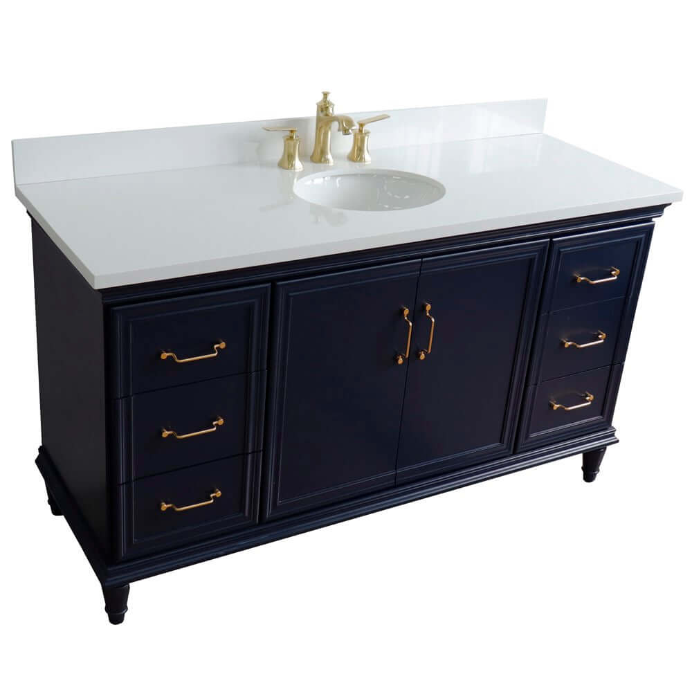 61" Single sink vanity in Blue finish and White quartz and oval sink - 400800-61S-BU-WEO