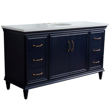 61" Single sink vanity in Blue finish and White quartz and oval sink - 400800-61S-BU-WEO