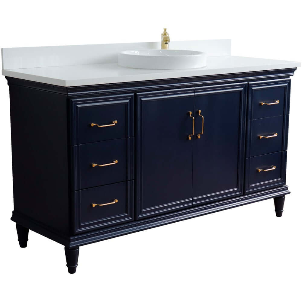 61" Single sink vanity in Blue finish and White quartz and round sink - 400800-61S-BU-WERD