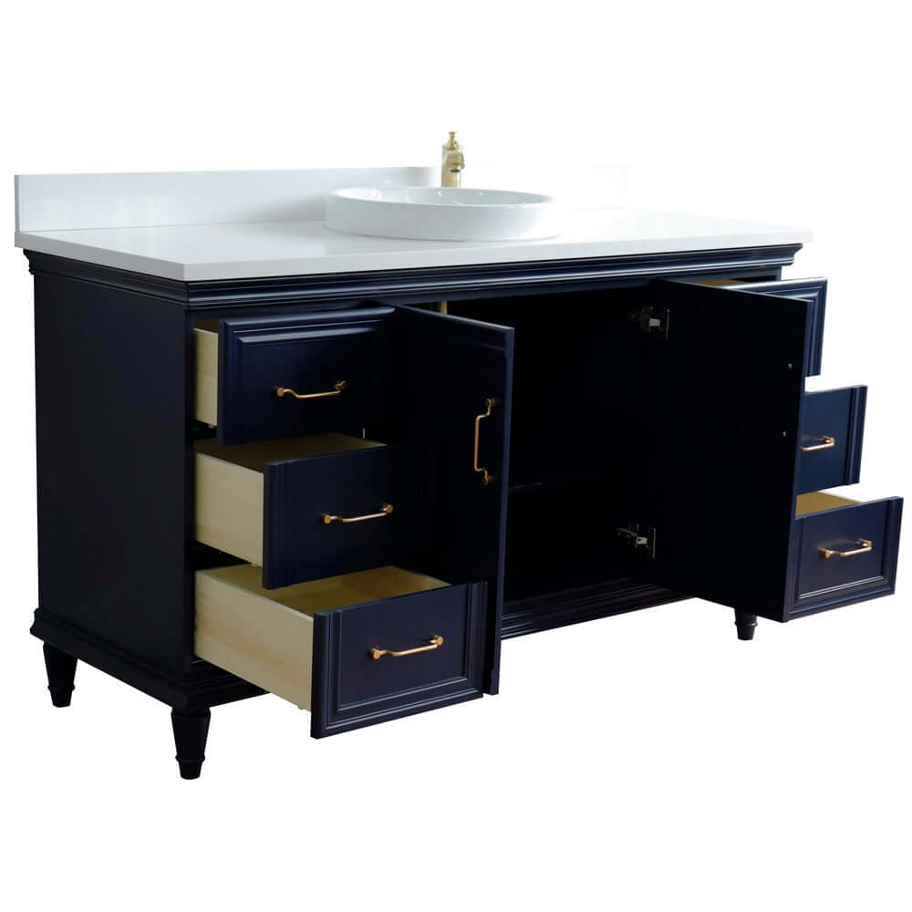 61" Single sink vanity in Blue finish and White quartz and round sink - 400800-61S-BU-WERD