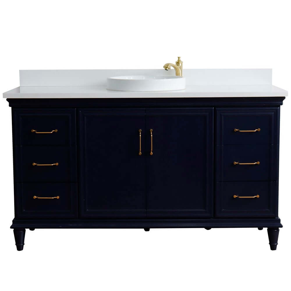 61" Single sink vanity in Blue finish and White quartz and round sink - 400800-61S-BU-WERD