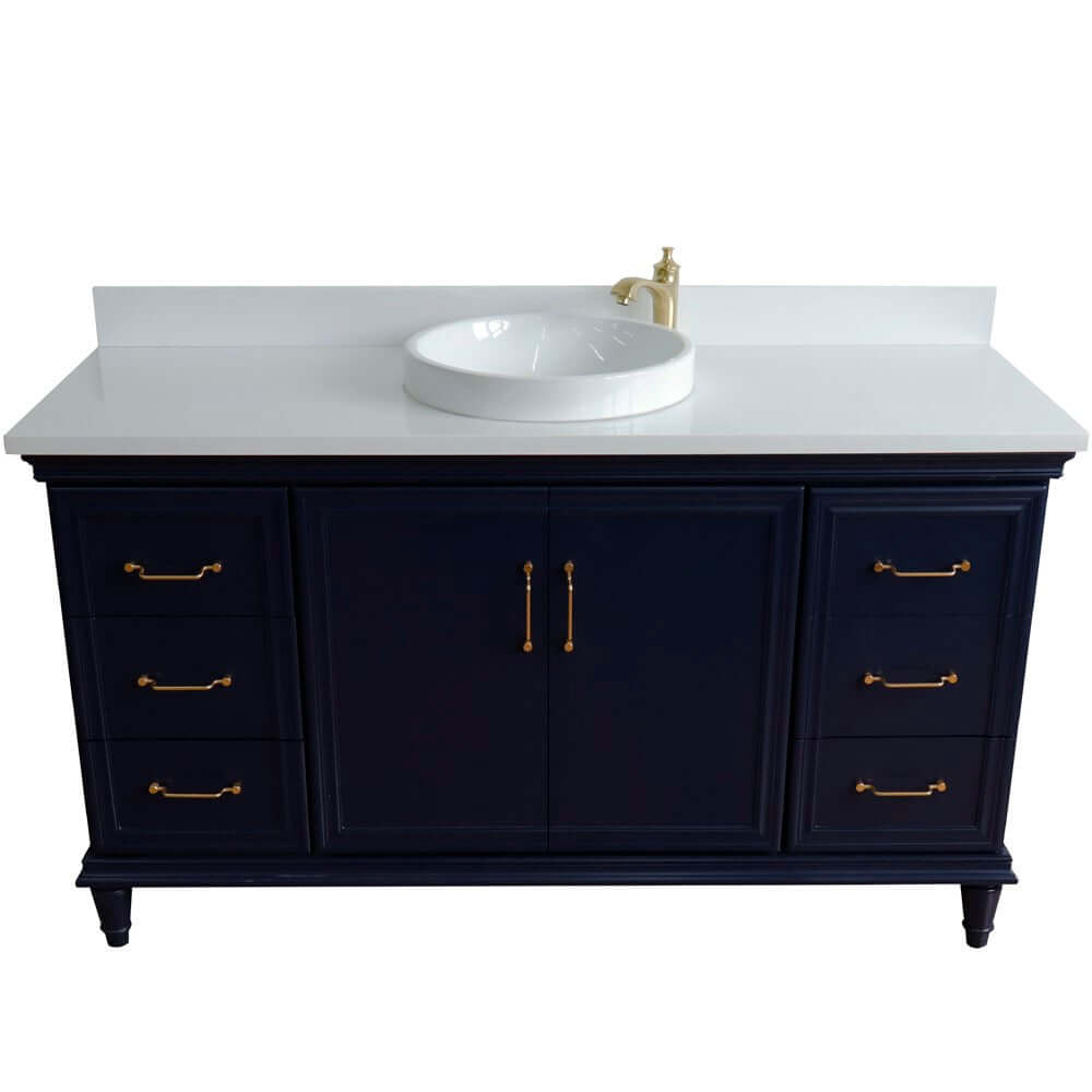 61" Single sink vanity in Blue finish and White quartz and round sink - 400800-61S-BU-WERD